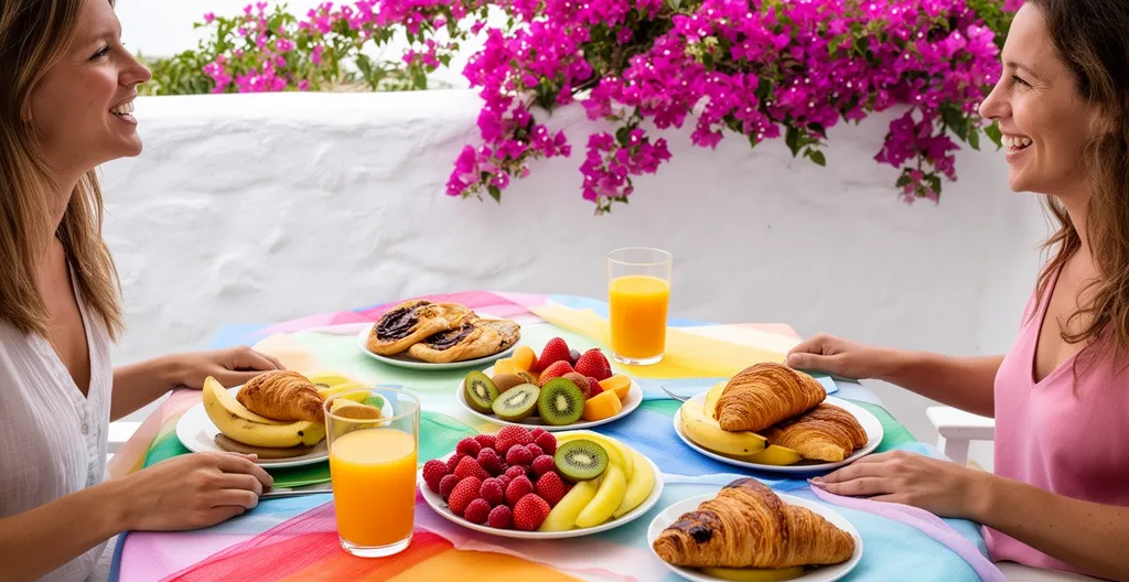 Table de brunch colorée avec fruits frais sur terrasse ombragée