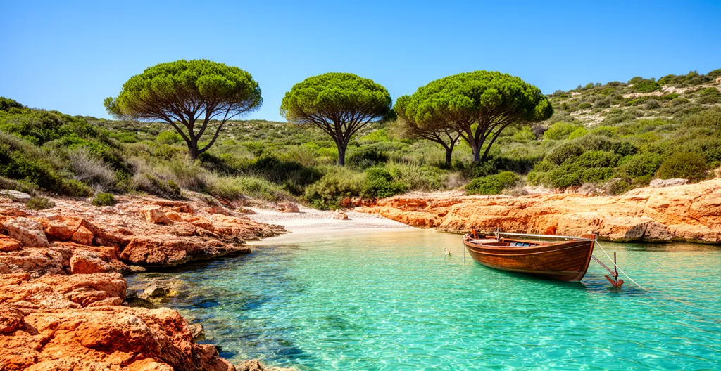 Petite crique aux eaux cristallines entourée de rochers et pins