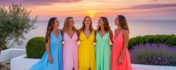 Groupe de femmes admirant le coucher de soleil depuis une terrasse à Ibiza