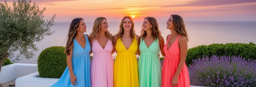 Groupe de femmes admirant le coucher de soleil depuis une terrasse à Ibiza